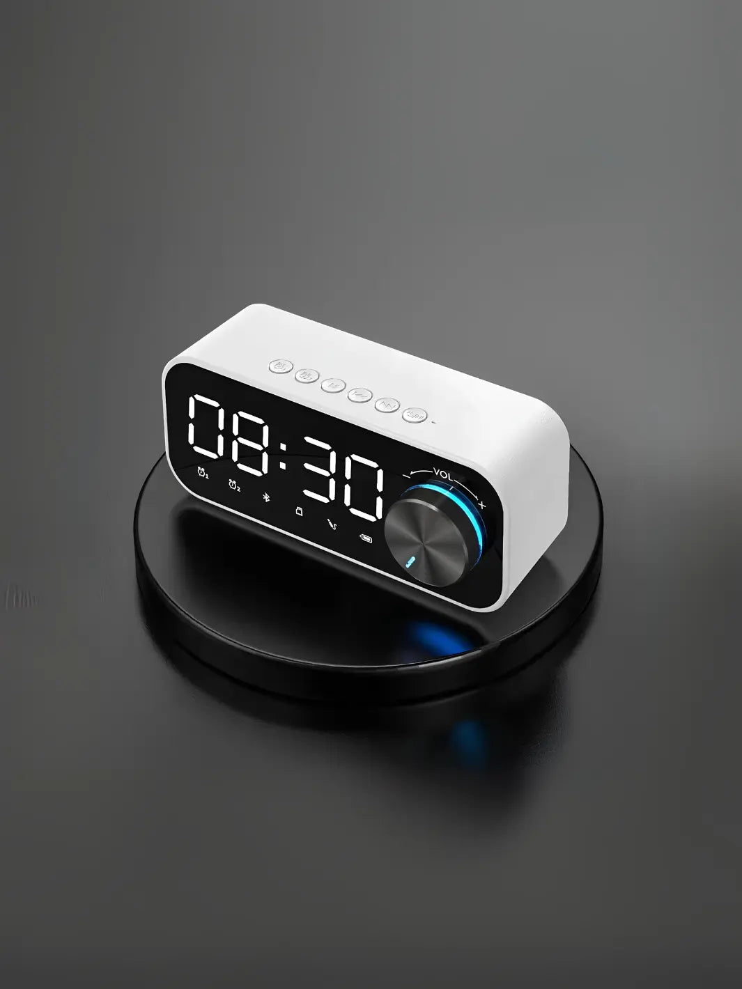 Radio réveil blanc design posé sur un socle