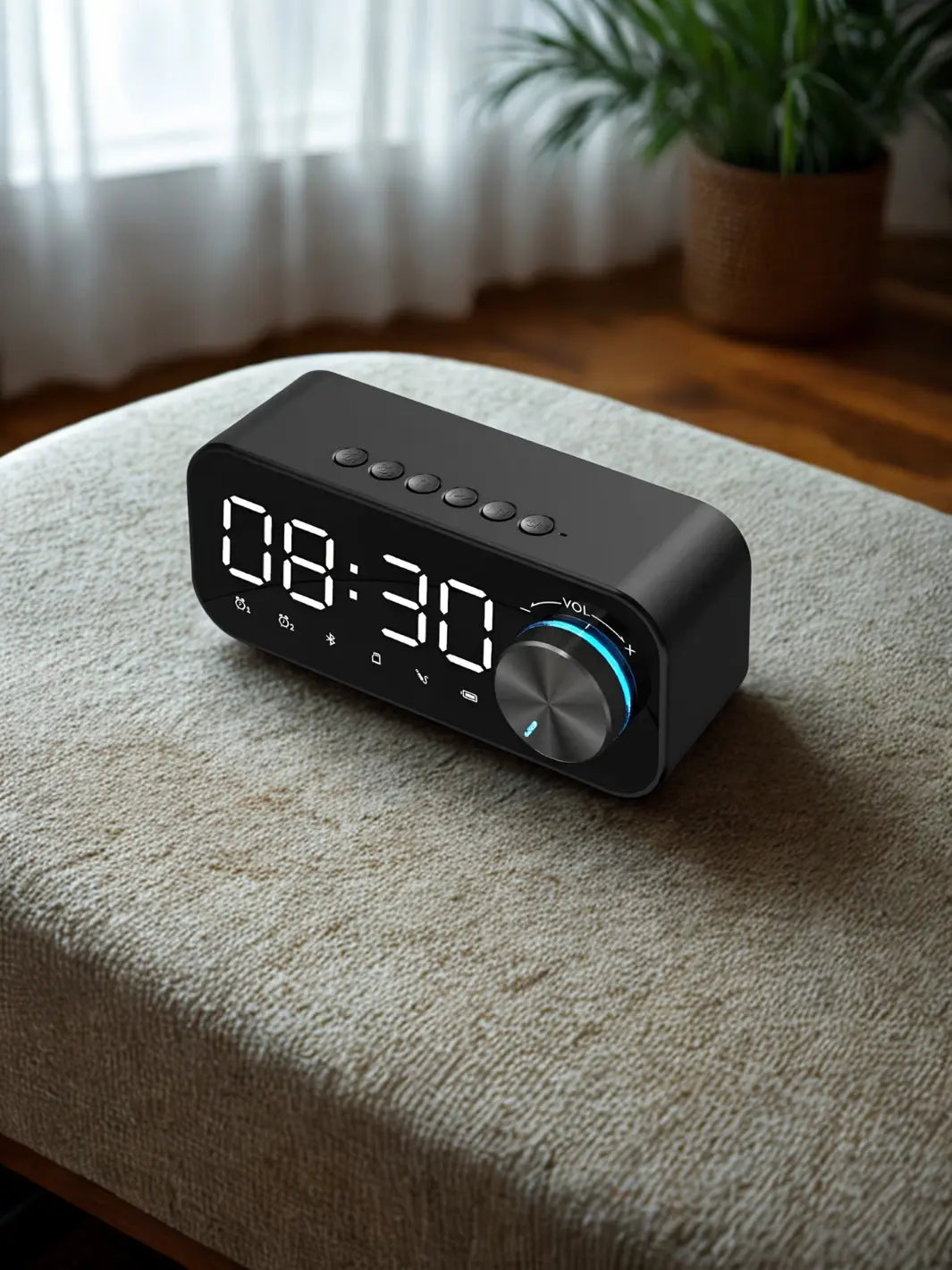 Un radio réveil posé sur une table basse