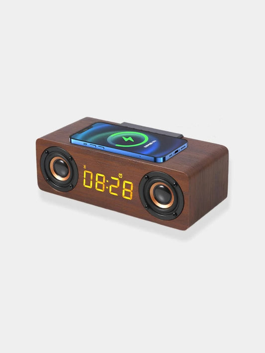 COLSUR Wooden Bluetooth Speaker with Wireless Charging Digital Clock Home TV Sound Box Waterproof  Heavy Bass Stereo Surround